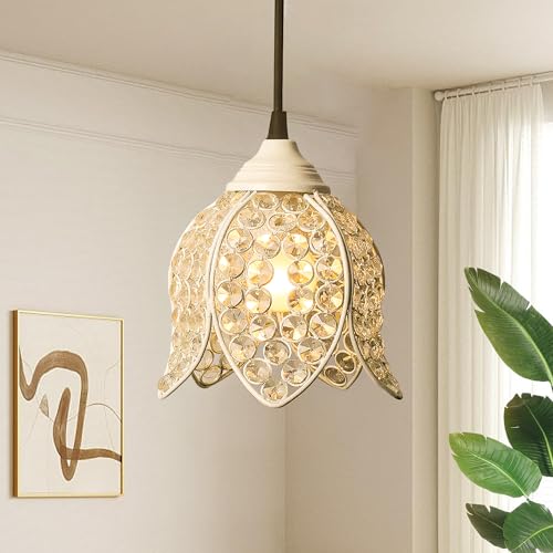 Image of Lotus Crystal Pendant Light Modern Ceiling Fixture, Stylish Home Decor, Warm White, Living Room, Bedroom, Contemporary Design, Decorative Crystal Chandelier (White)