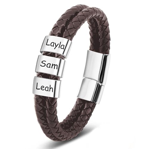 Custom Mens Bracelet with Famliy Name Adjustable Braided Leather Bracelets Personalized Fathers Day Dad Gifts from Daughter Son