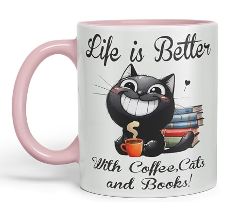 Vixar Life is Better with Coffee, Cats and Books, Cat Kitten Joke sarkasm Sarcastic Ceramic Coloured Mug Cup for Tea Coffee Hot Brew 330ml 11Oz Gift (Pink)