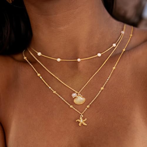 Layered Shell Necklace for Women, 14K Gold Plated Charm Seashell Starfish Charm Necklace Stack Dainty Gold Summer Necklaces Cute Waterproof Beach Jewelry for Women2