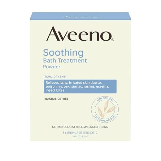 Aveeno Soothing Bath Treatment with 100% Natural Colloidal Oatmeal for Treatment & Relief of Dry, Itchy, Irritated Skin Due to Poison Ivy, Eczema, Sunburn, Rash, Insect Bites & Hives, 8 ct.