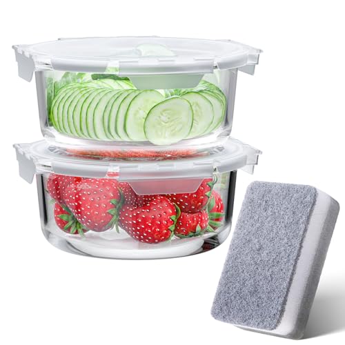 HOPERSIST 2-PCS Round Glass Food Containers with Lids, 100% Leak Proof Meal Prep Containers Glass, High-resistant Food Storage Containers Glass, Freezer to Oven Safe, Meal Prep Containers - 660ML