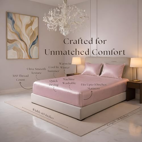 Image of Luxe Ere Elastic Fitted Satin Bedsheet Queen Size (78x60) with 2 Pillow Covers, Ultra-Smooth 300TC Silky Fabric, Perfect for Home Decor, Gifting & Romantic Escapes-Champagne Rose