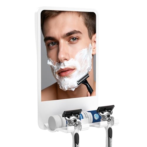Infitrans Shower Mirror for Shaving Fogless with Multifunctional Storage for Razor and Shaving Foam Canister, Adhesive or Screw Optional Installation,Adjustable Angle, White