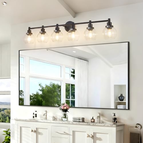 Image of 6-Light Bathroom Light Fixture Black Vanity Lights Over Mirror Modern Wall Sconce Farmhouse Vintage Bathroom Vanity Lighting with Glass Shade for Bedroom Hallway Cabinet Bathroom