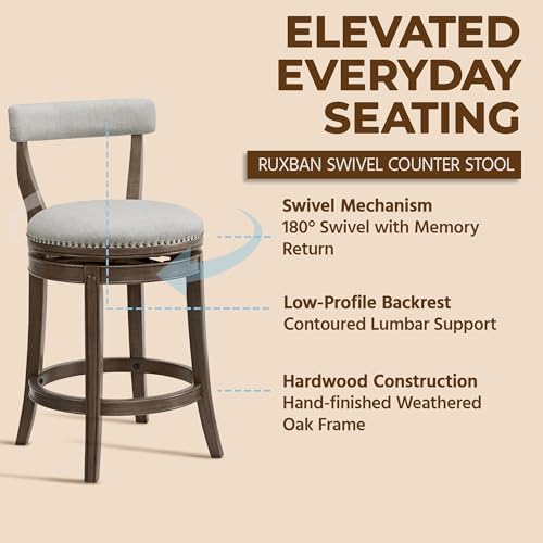 Image of ROME + OAK Ruxban 26 inch Counter Stool, Set of 4 Low Back Swivel Barstools in Weathered Oak Finish with Sand Fabric Upholstery Seat - Indoor Home Furniture