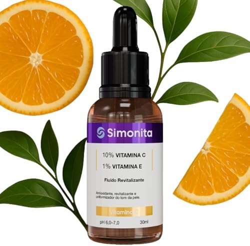 Sérum Facial Vitamina C 10% + Vitamina E 1% 30ml Clareia Manchas, Uniformiza o Tom da Pele, Hidrata sem Oleosidade, Antioxidante e Anti-Idade SIMONITA