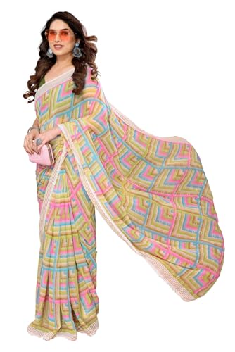 Image of ROOP SUNDARI SAREES Readymade Pleated Pre Drape Stitched Floral Printed Georgette Saree For Women's With Lace Border & Blouse(Ready To Wear One Minute)