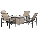 Klaczituj 5 Piece Garden Patio Dining Set, Steel, Outdoor Conversation Set, Square Dinner Table with Built-in Ice Bucket Insert, 4 Rocking Chairs for Garden, Lawn, Backyard, Beige