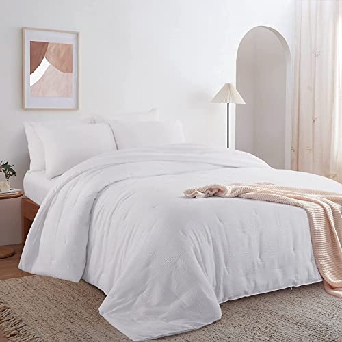 Hombys 3 Piece Seersucker Oversized King Comforter Set 128X128, Breathable White Soft Comforter Set, Lightweight Bedding Comforter Sets With Comforter For All Season #TOP1