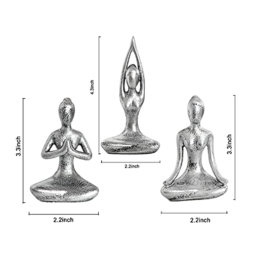 OwMell Set of 3 Meditation Yoga Pose Statue Figurine Resin Yoga Figure Decor Retro Metallic Silver 4 Inch