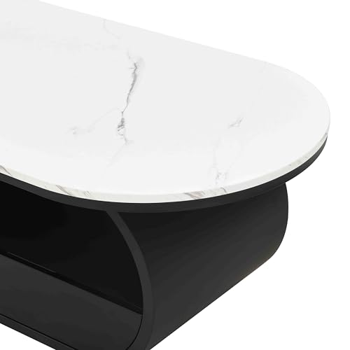 Image of Faux Marble Nesting Coffee Table Set of 2 | Coffee Table Set with End Table,Oval Living Room Table with Gold Metal Base,Marble Grain Top & 1 Drawer,Stack Tea Table Set