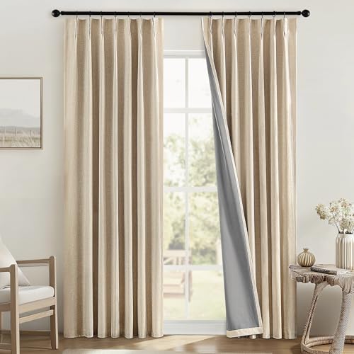 MIULEE Linen Pinch Pleated 100% Blackout Curtains for Bedroom 96 Inch Long 2 Panels Set - Back Tab Track Black Out Curtain for Living Room Darkening Triple Pleat Drapes with Hooks, Oatmeal