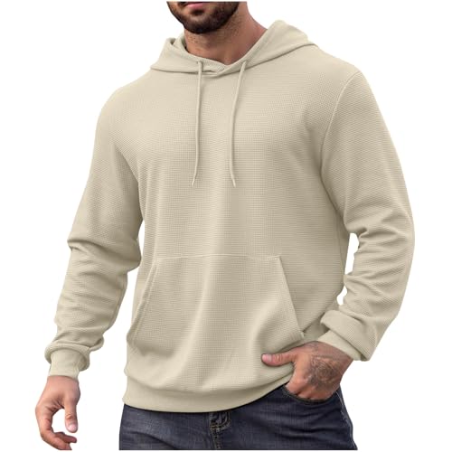 Mens Hoodies Pullover Loose Fit Waffle Knit Sweatshirt Long Sleeve Casual Fashion Gym Hooded Shirt With Kanga Pockets