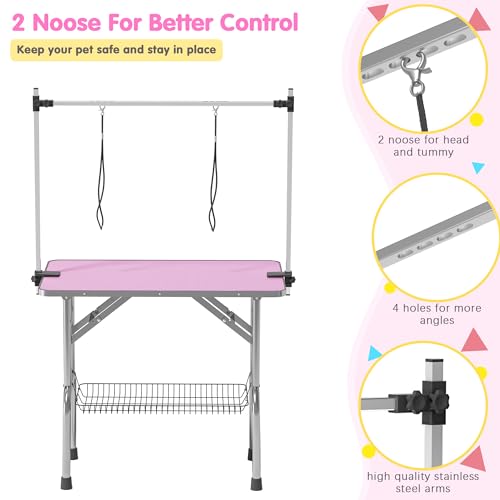Image of Lyromix 42'' Stainless Steel Pet Dog Grooming Table, Arm /Noose /Tray, Pink