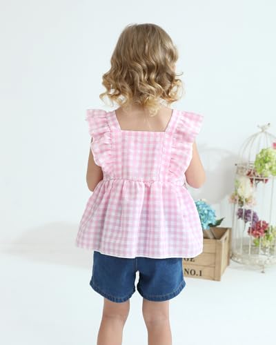 Kucnuzki Baby Girl Clothes Toddler Girl Summer Two Piece Outfit Kids Ruffle Sleeveless Plaid Tops Denim Jeans Shorts Set4