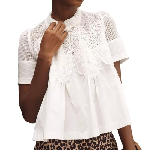 Women’s Lace Flared Short Sleeve Blouse Lace Poplin Ruffle Mesh Crew Neck Swing Babydoll Tops Elegant Loose Shirts