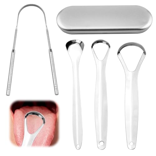 Gratte Langue Pour Adult avec Étui, 4 in 1 set Tongue Scraper Acier Inoxydable, Tongue Scraper Nettoyeur et Lave-Langue pour Hygiène Buccale et Haleine Fraîche, Mallette Portable Pour Voyager