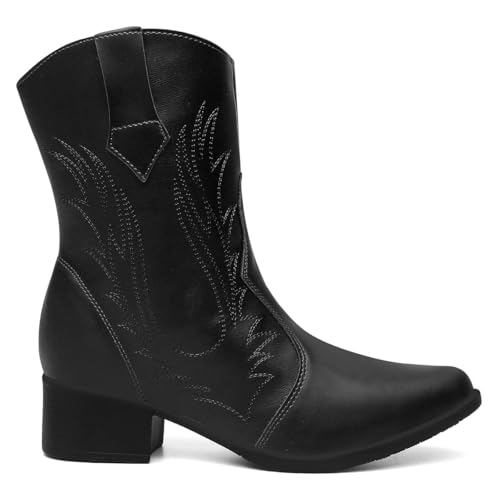 Bota Feminino Cano Médio Texana Vicerinne Bordada Preto Country Vaqueira Boiadeira Western Rodeio Sertaneja Bico Fino Salto