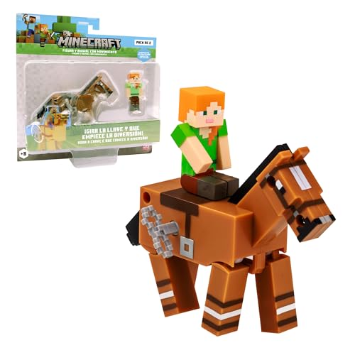 Bizak Minecraft Figura Alex e cavalo com movimento, modelos para colecionar, licença oficial de videojogo de construção e Bricks, fãs adultos e meninos ou meninas (64110030-1)