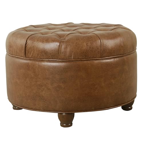 Image of HomePop 25 inch Button Tufted Round Storage Ottoman - Brown Faux Leather