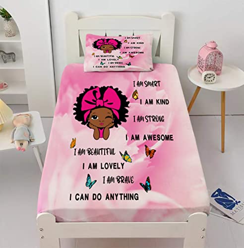 Black Girl Magic Bedding Sets Full Size African American Girl Fitted Sheet Set Cute Little Afro Black Princess Bed Sheet Set For Girl Bedroom Room Decor (1 Fitted Sheet + 2 Pillowcases) Pink #TOP2