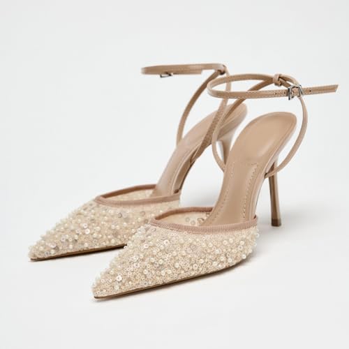 Women's Slingback Thin Heels Shoes Embroidery Mesh Sequins Glitter Ankle Strap Buckle Stiletto Heel Closure Pointed Toe Wedding Party Evening Dress Shoes for Women Ladies Girls4
