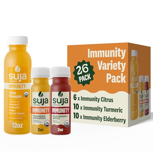 Image of Suja Organic Immunity Shots Variety Pack | 10 Immunity Original, 6 Citrus Immunity, and 10 Immunity Elderberry | Plant-Based & Gluten-Free (2 fl oz Shots /Pack of 20, 12 fl oz Juices /Pack of 6)