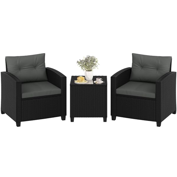 Yaheetech 3 TLG. Rattan Gartenmöbel Set mit Sitz- & Rückenkissen, Balkonmöbel Set inkl.2 Sessel & Tisch, 2 Personen Terrassenmöbel Sitzgruppe Lounge Set für Balkon Terrasse Garten, Schwarz & Grau
