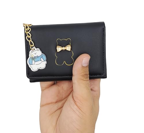 Image of Valerie Floral Small Wallet for Girls Women Tri-Folded Wallet Cash Pocket Flowers PU Leather Print Card Holder Coin Purse with ID Window (Black)