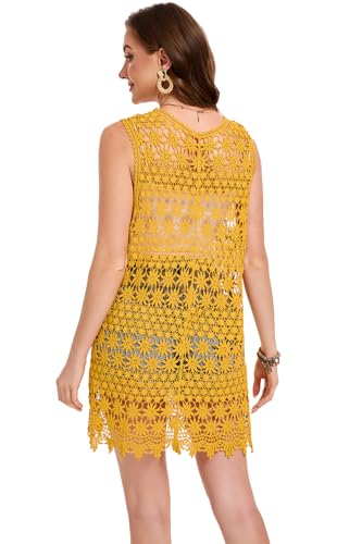 Image of GLEAMISS Women's Crochet Floral Vest Lace Trim Boho Sleeveless Cardigan