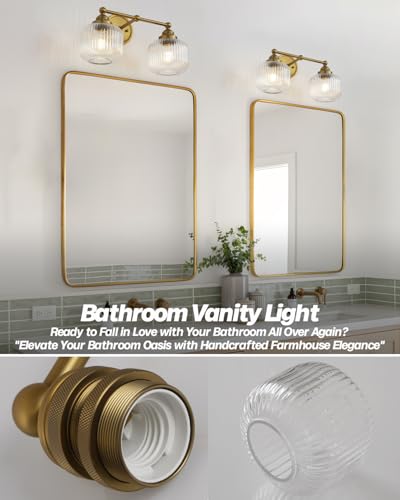 Image of Vintage 2-Lights Clear Ribbed Glass Wall Sconce Lighting | Brass Finished Double Head Bathroom Vanity Light Fixture for Bedroom Living Room Dining Room Hallway E26 Edison Screw