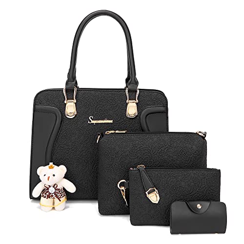 Image of Women's Fashion Handbag Tote Bag Shoulder Top Handle Satchel Purse Set 4pcs | Stylish Style,Chain Texture Design,Ample Space,Bear Doll Decoration,with a Crossbody Strap