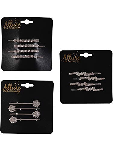 Allure Women's Glass Rhinestone Fancy Bobby Pins, 3-Pack