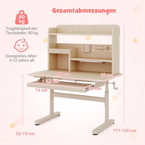 COSTWAY Schreibtisch Kinder, Kinderschreibtisch 52-74 cm höhenverstellbar mit neigbarer Tischplatte, Kindertisch mit Regal, Schublade, & Buchständer, Schülerschreibtisch für Kinder ab 3 Jahren (Natur)