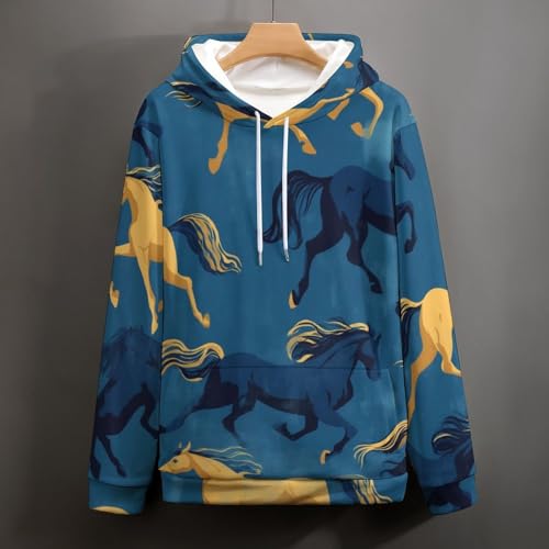 Sweat à capuche bleu brun au design cheval et finitions premium