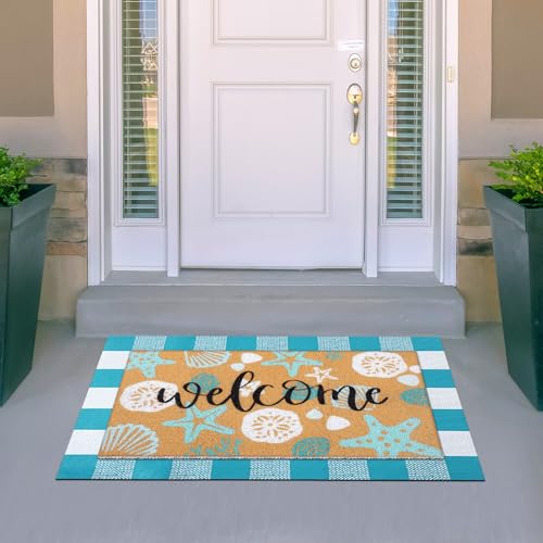 Tinideya 2 Pcs Summer Door Mat Coastal Beach Welcome Non Slip Coir Mats Sea Style Starfish Seashells Ocean Buffalo Plaid Floor Layering Doormats Seasonal for Front Porch Entryway Decor(Summer Beach) - Image 6
