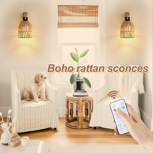 Espossi Battery Operated Wall Sconce, Boho Wall Sconces Battery Operated Set of 2, Rattan Battery Wall Sconce with Remote Control, Wireless Wall Light for Bedroom, Living Room, Entryway