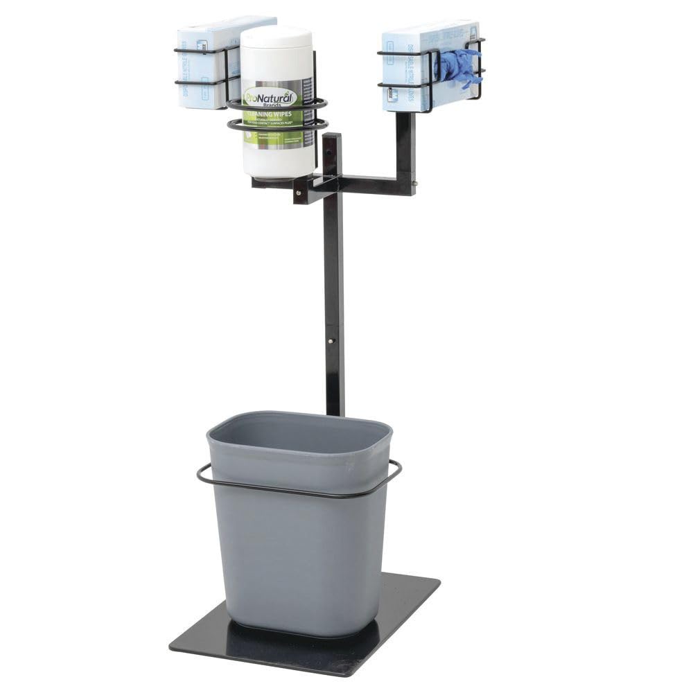 Black Triple Arm Modular PPE Sanitizer Stand with Trash Can - 15 1/5"L x 12 3/5"W x 29"H by HUBERT – 15.2 inches x 12.6 inches x 29 inches, 15.0 quarts, Model 19617/44752/247