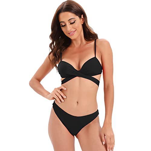 YloveM Femme Maillots de Bain Deux Pièces Push-up Triangle Classique Tankini de Plage Bikini Set Chic Elégant (S, Noir) Cover