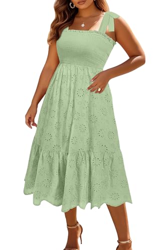 Image of Pinup Fashion Plus Size Summer Sun Smocked Eyelet Tie Straps Midi Dress | Adjustable tie straps, square neck, high waist, flowy tiered A-line, perfect for casual beach, holiday vacation, photoshoot
