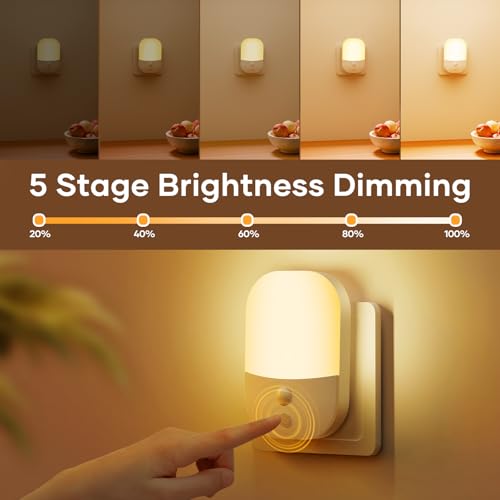 2 Pack Plug in Night Light with Dusk to Dawn Photocell Sensor, 5 Adjustable Brightness Levels, ON/Off/AUTO Modes, 3000K Warm White LED Night Light for Baby, Hallways, Stairs, Bedrooms, Kitchens, 0.3W