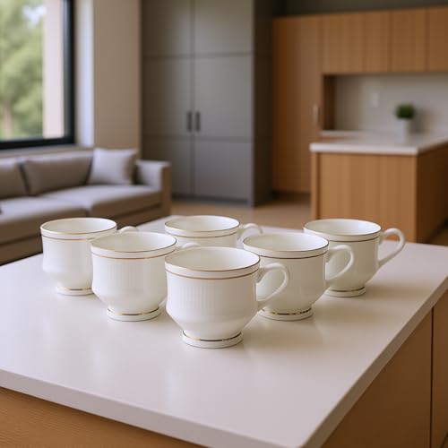 Image of SkyKey Fine Ceramic Bone China Gold Line Mona Tea Coffee Cup - 6 Pcs, 160 ML, White