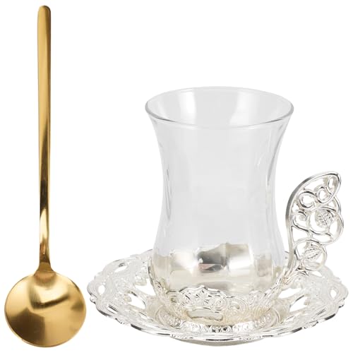 JECOMPRIS Juego de Tazas de Té de Vidrio Transparente Estilo Europeo, 3 Piezas con Platillos y Cucharas, Taza para Hacer Té y Café Resistente a Cambios de Temperatura, Adecuado para Hogar