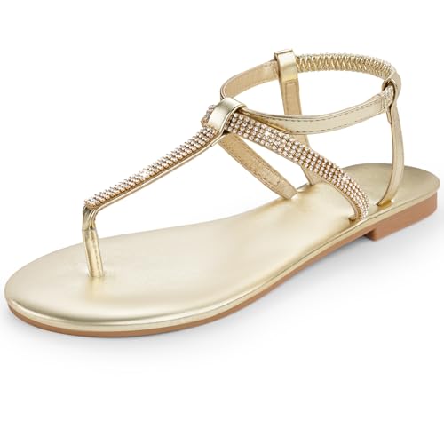 Womens Rhinestone Sandals T-Strap Crystal Flat Dressy Adjustable Ankle Thong Summer Sandals