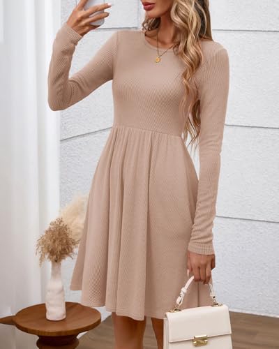 Zenlonr Women's Fall Dresses 2025 Casual Long Sleeve Ribbed Knit Crewneck Short Dress Flowy A-Line Party Dresses4