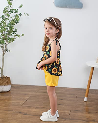 Image of Toddler Girls Summer Clothes Outfits Bow Shoulder Sleeveless Sunflower Shirt Tops and Shorts 2 Piece Sets