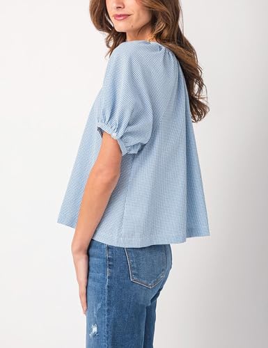 Tanming Womens Summer Plaid Button Down Shirts Short Puff Sleeve Cotton Crew Neck Gingham Blouses Tops4