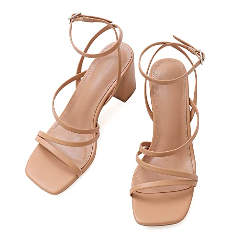 Image of LACUONE Strappy Heels for women Block Heels Square Toe Chunky Ankle Buckle Pump Heeled Sandals