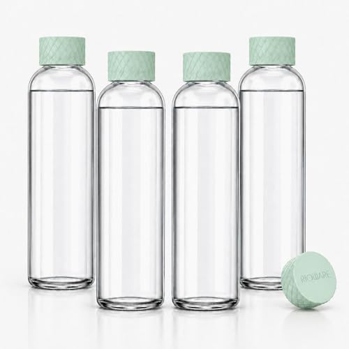 Image of Rioware Glass Water Bottle 1 Litre | Airtight lid | Leak Proof | Silicon Cap | Fridge Water Bottles for Home, Office & Gym (1 Ltr- Pack Of 4, Green)